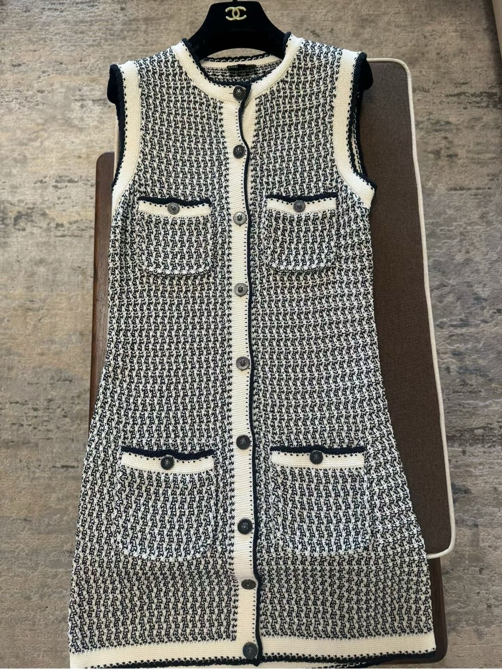 CHANEL Black & White Sleeveless Tweed Button-Front Shift Dress